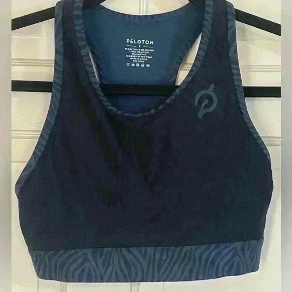 Peloton Cadent High Neck Racerback Bra Size Small Animal Print Black/Blue Gym - Picture 1 of 7